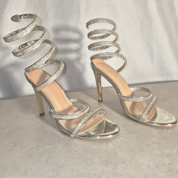 Lov Mark Spiral leg wrap 4" heels, silver and rhinestone in size 6.5 - Picture 11 of 16